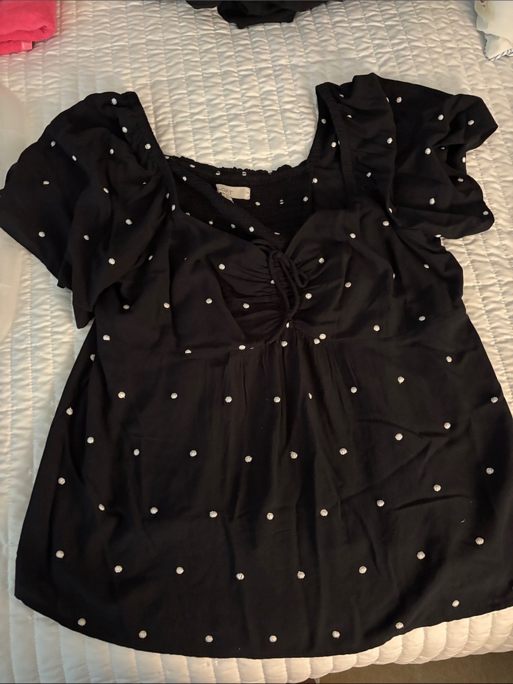 LOFT Black Polka Dot Puff-Sleeve Tie-Front Blouse